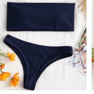 Navy High Cut Bandeau Bikini Set